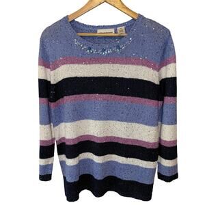 Alfred Dunner Striped Sweater M Womens Sequin Knit Multicolor Embellished